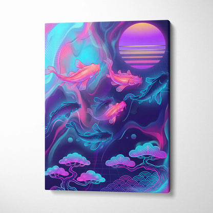 Koi Neon Sunset Canvas - Koi Neon Pink Cyan Living Room Vaporwave Dreamy Retro Futurism Japanese Art Canvas
