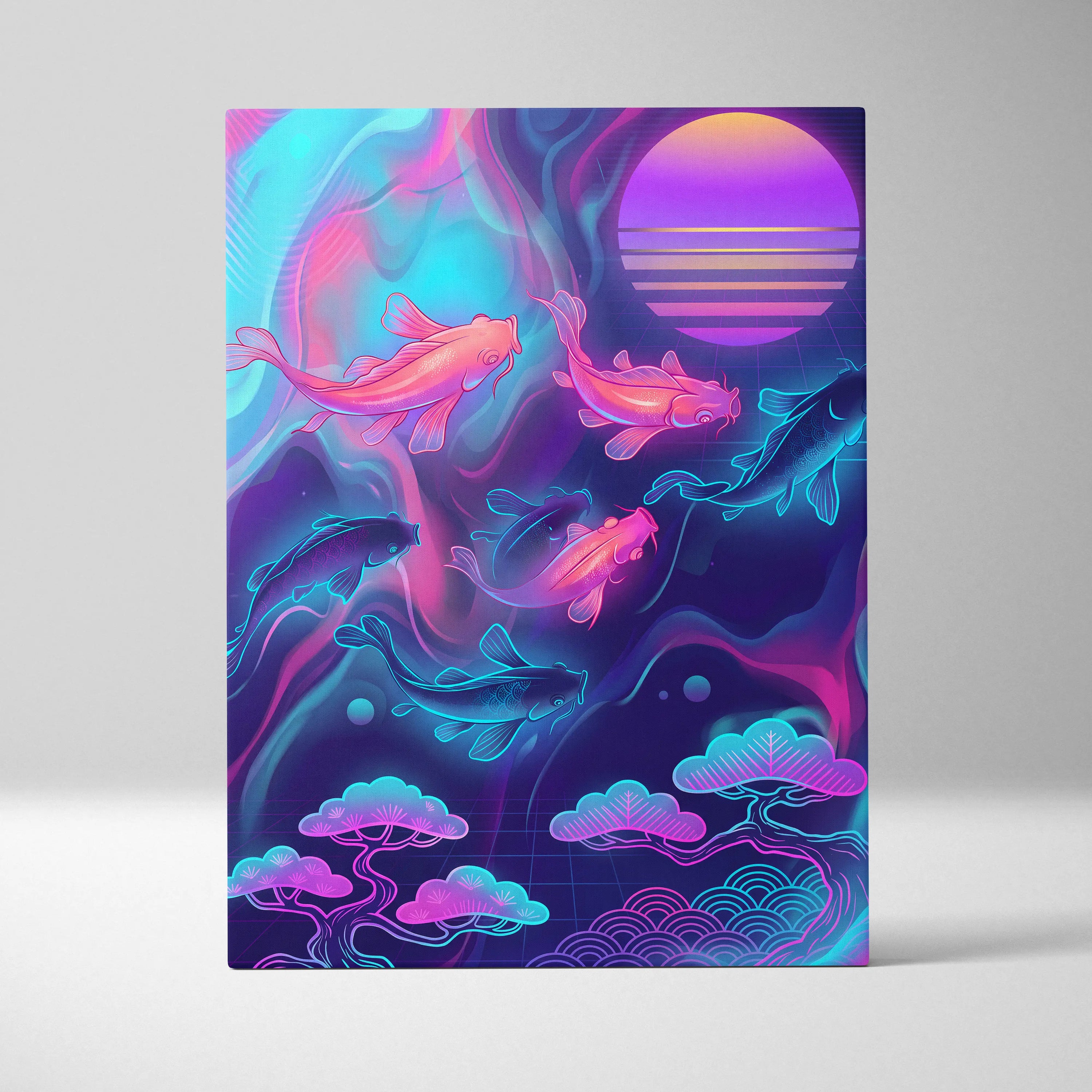 Koi Neon Sunset Canvas - Koi Neon Pink Cyan Living Room Vaporwave Dreamy Retro Futurism Japanese Art Canvas