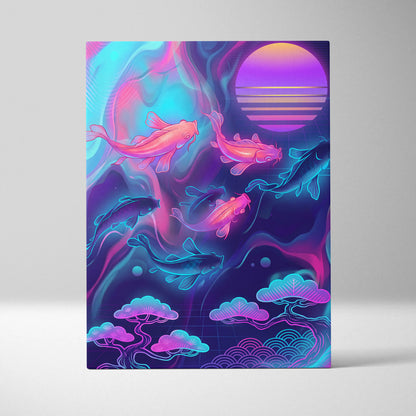 Koi Neon Sunset Canvas - Koi Neon Pink Cyan Living Room Vaporwave Dreamy Retro Futurism Japanese Art Canvas