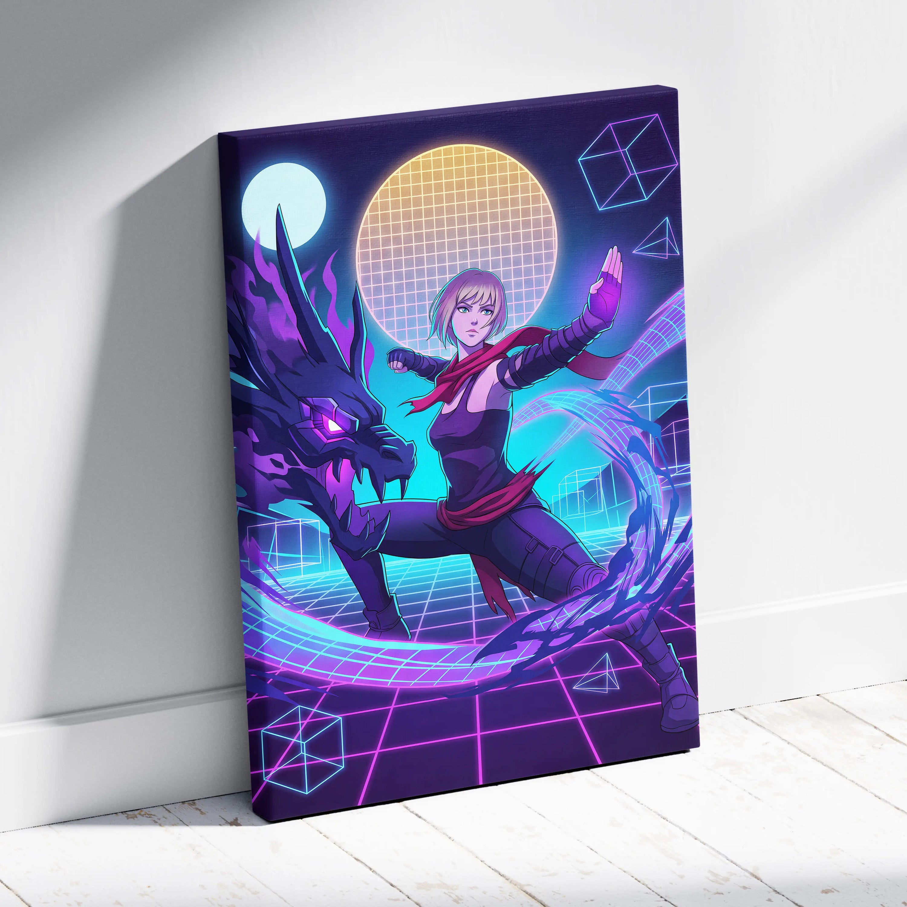 Vaporwave Neon Hero Canvas - Vaporwave Fantasy Hero Neon Purple Blue Living Room Dreamy Neon Mood Retro Futurism Canvas