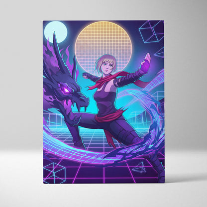 Vaporwave Neon Hero Canvas - Vaporwave Fantasy Hero Neon Purple Blue Living Room Dreamy Neon Mood Retro Futurism Canvas