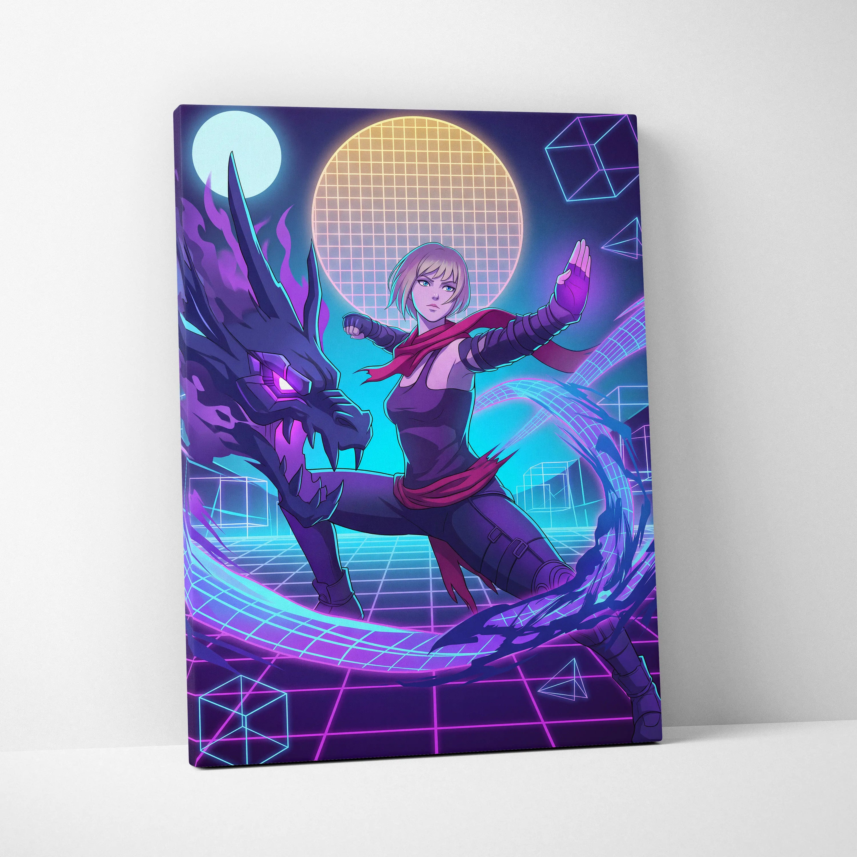 Vaporwave Neon Hero Canvas - Vaporwave Fantasy Hero Neon Purple Blue Living Room Dreamy Neon Mood Retro Futurism Canvas