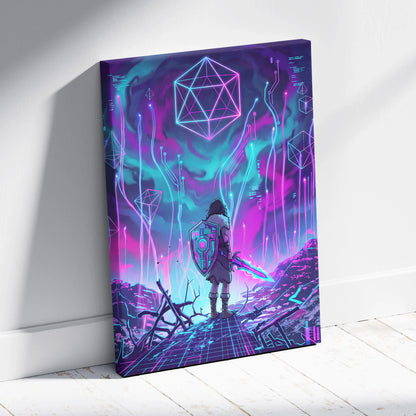 Vaporwave Neon Fantasy Canvas - Cyber Warrior Neon Pink Cyan Living Room Vaporwave Dreamy Surreal Mood Canvas Print