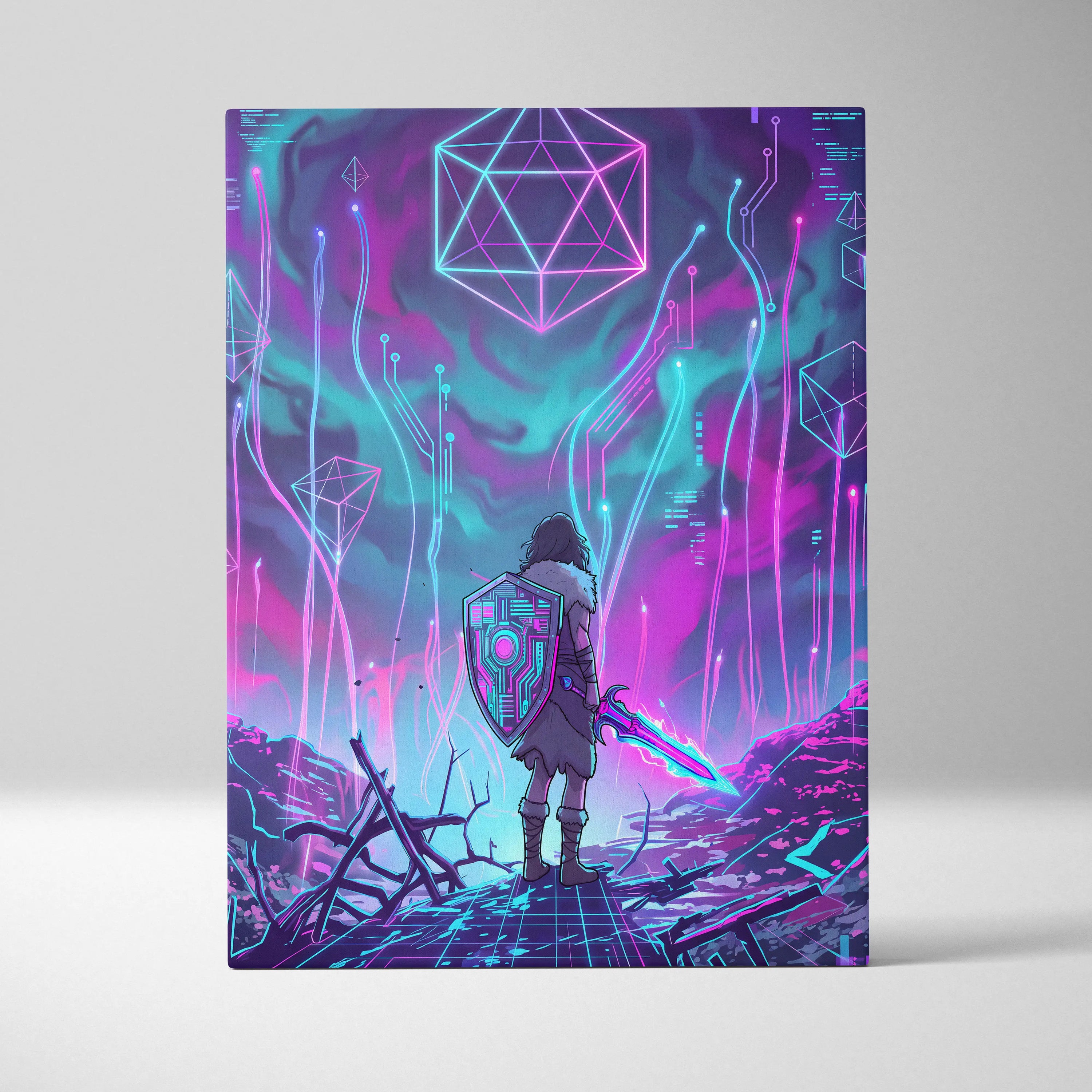 Vaporwave Neon Fantasy Canvas - Cyber Warrior Neon Pink Cyan Living Room Vaporwave Dreamy Surreal Mood Canvas Print