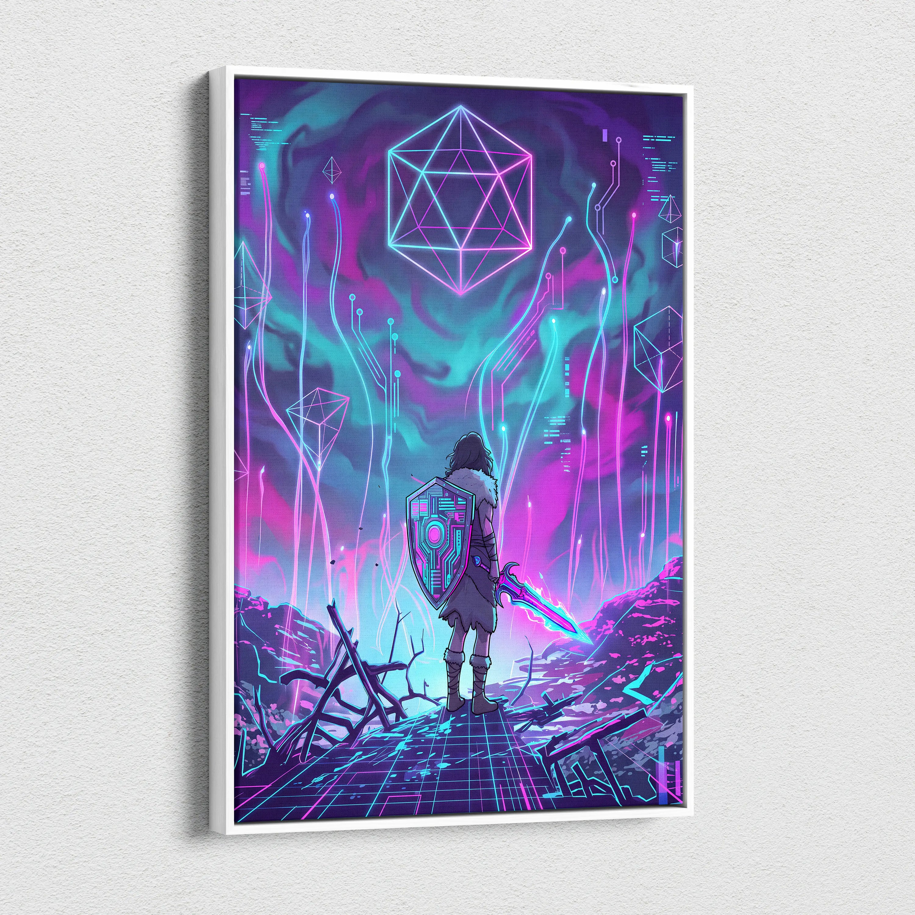 Vaporwave Neon Fantasy Canvas - Cyber Warrior Neon Pink Cyan Living Room Vaporwave Dreamy Surreal Mood Canvas Print