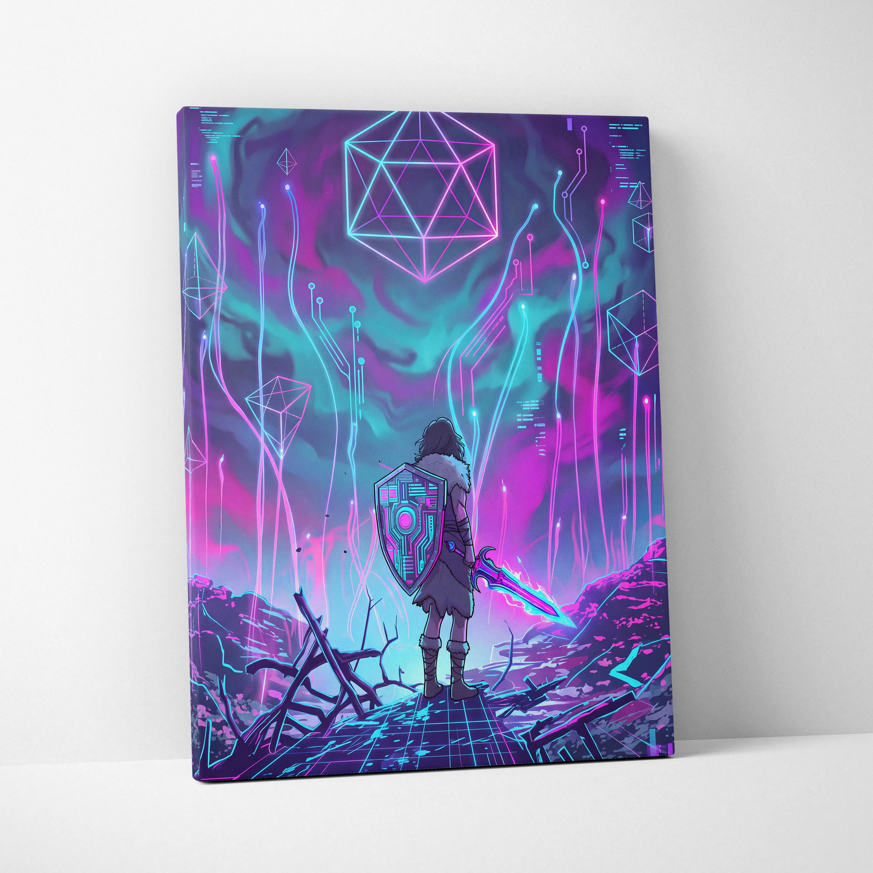 Vaporwave Neon Fantasy Canvas - Cyber Warrior Neon Pink Cyan Living Room Vaporwave Dreamy Surreal Mood Canvas Print