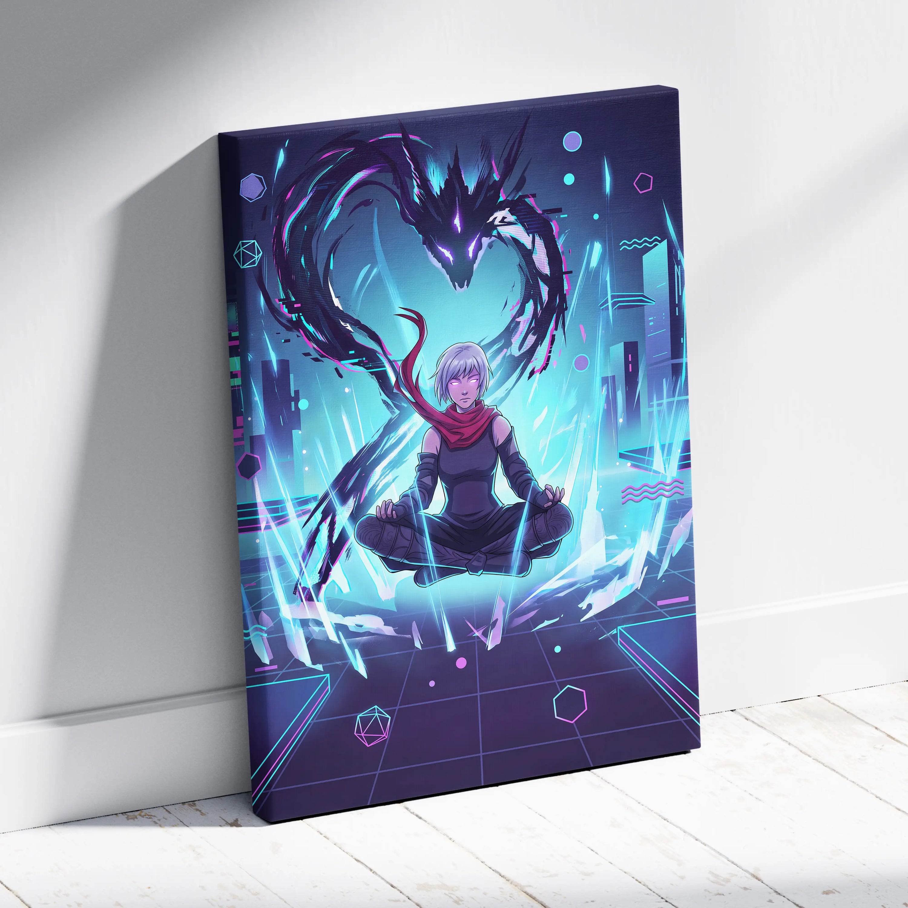 Vaporwave Neon Dragon Canvas - Dragon Purple Teal Living Room Vaporwave Mysterious Mood Futuristic Decor Anime Canvas