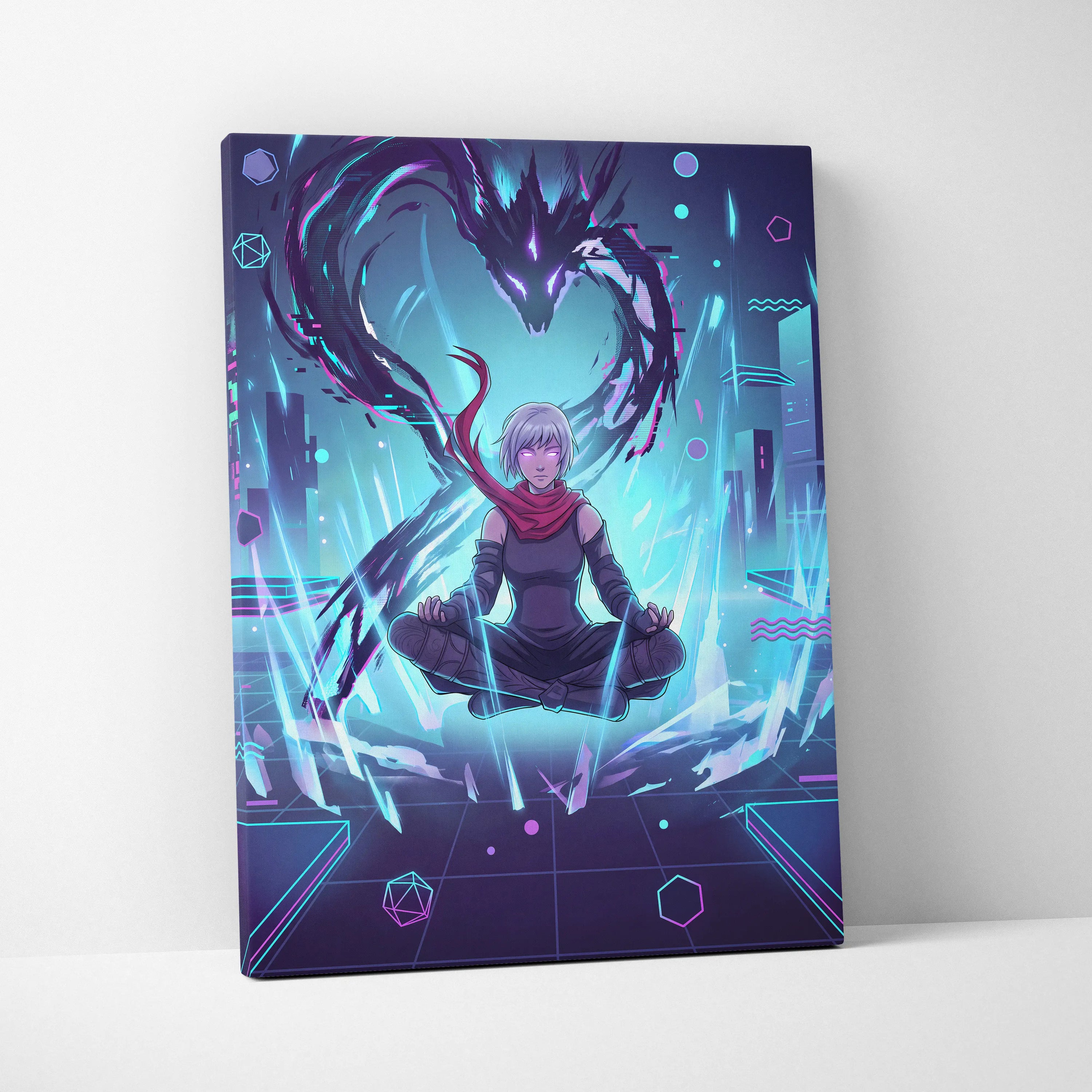 Vaporwave Neon Dragon Canvas - Dragon Purple Teal Living Room Vaporwave Mysterious Mood Futuristic Decor Anime Canvas