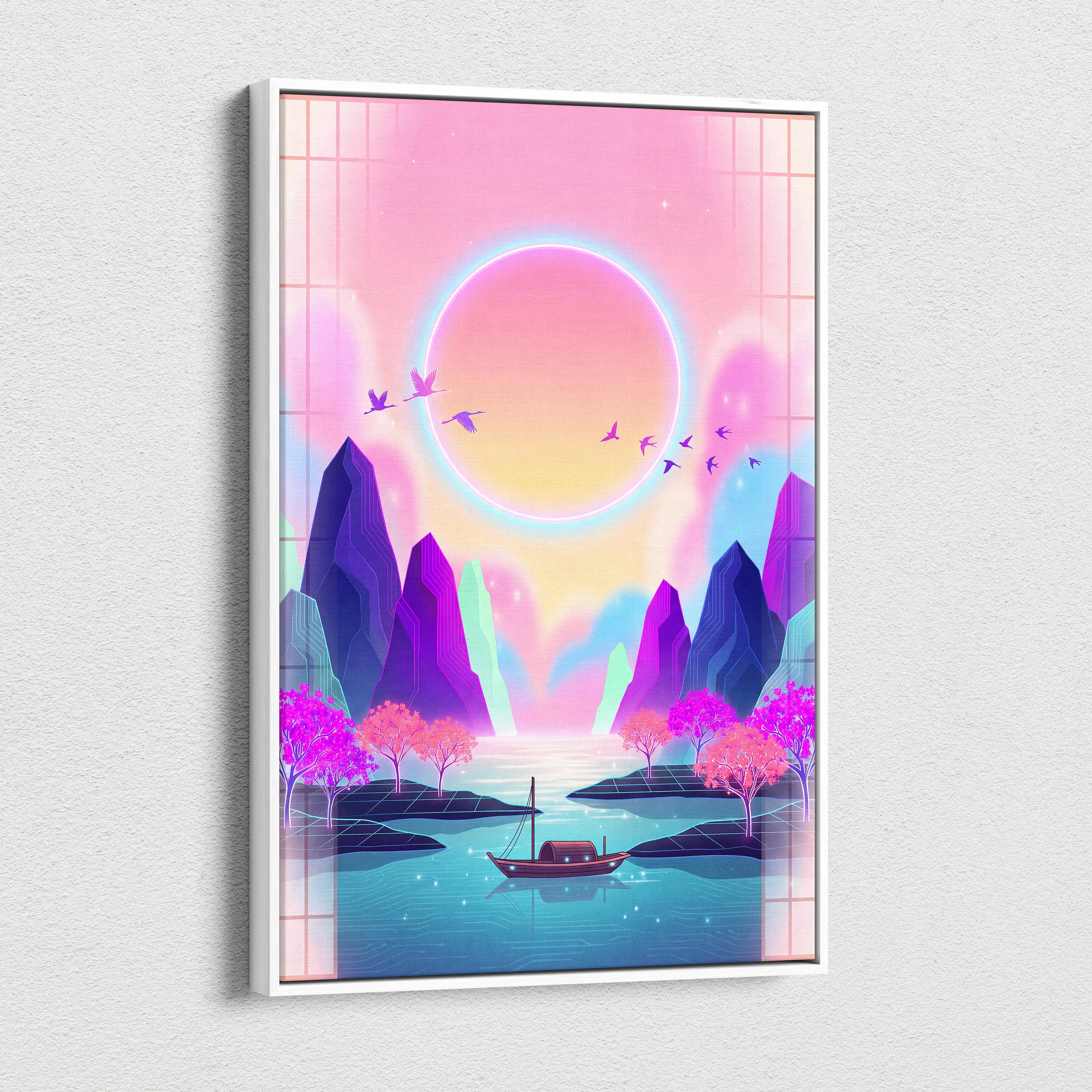 Neon Sakura Vista Canvas - Vaporwave Scene Pink Blue Living Room Neon Dreamy Nostalgic Retro Japanese Vaporwave Canvas