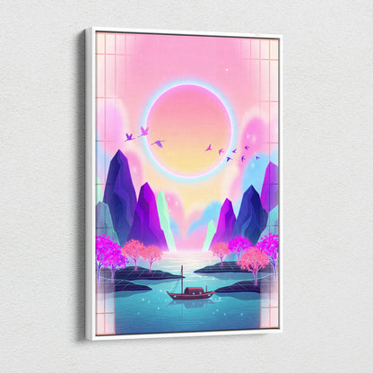 Neon Sakura Vista Canvas - Vaporwave Scene Pink Blue Living Room Neon Dreamy Nostalgic Retro Japanese Vaporwave Canvas