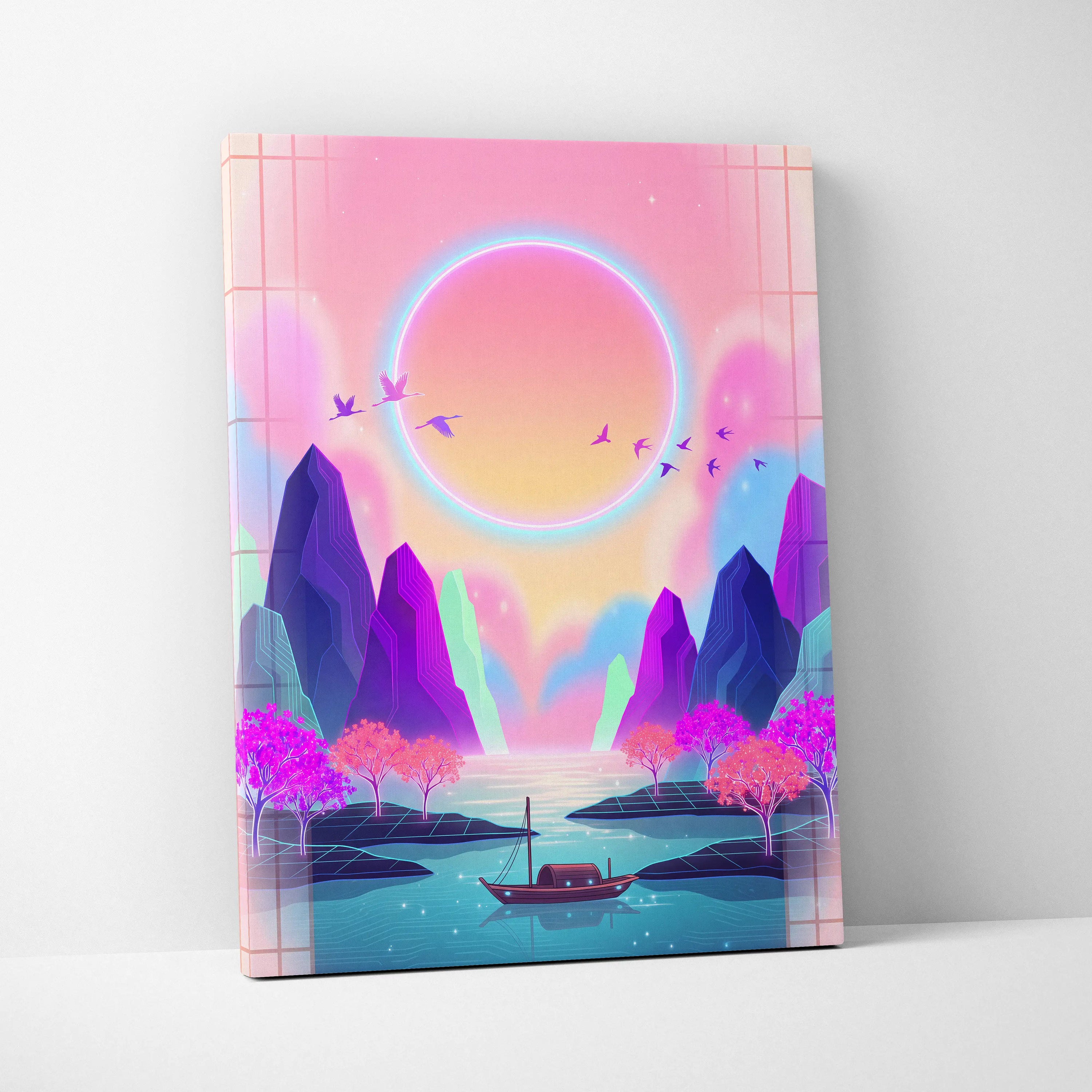 Neon Sakura Vista Canvas - Vaporwave Scene Pink Blue Living Room Neon Dreamy Nostalgic Retro Japanese Vaporwave Canvas