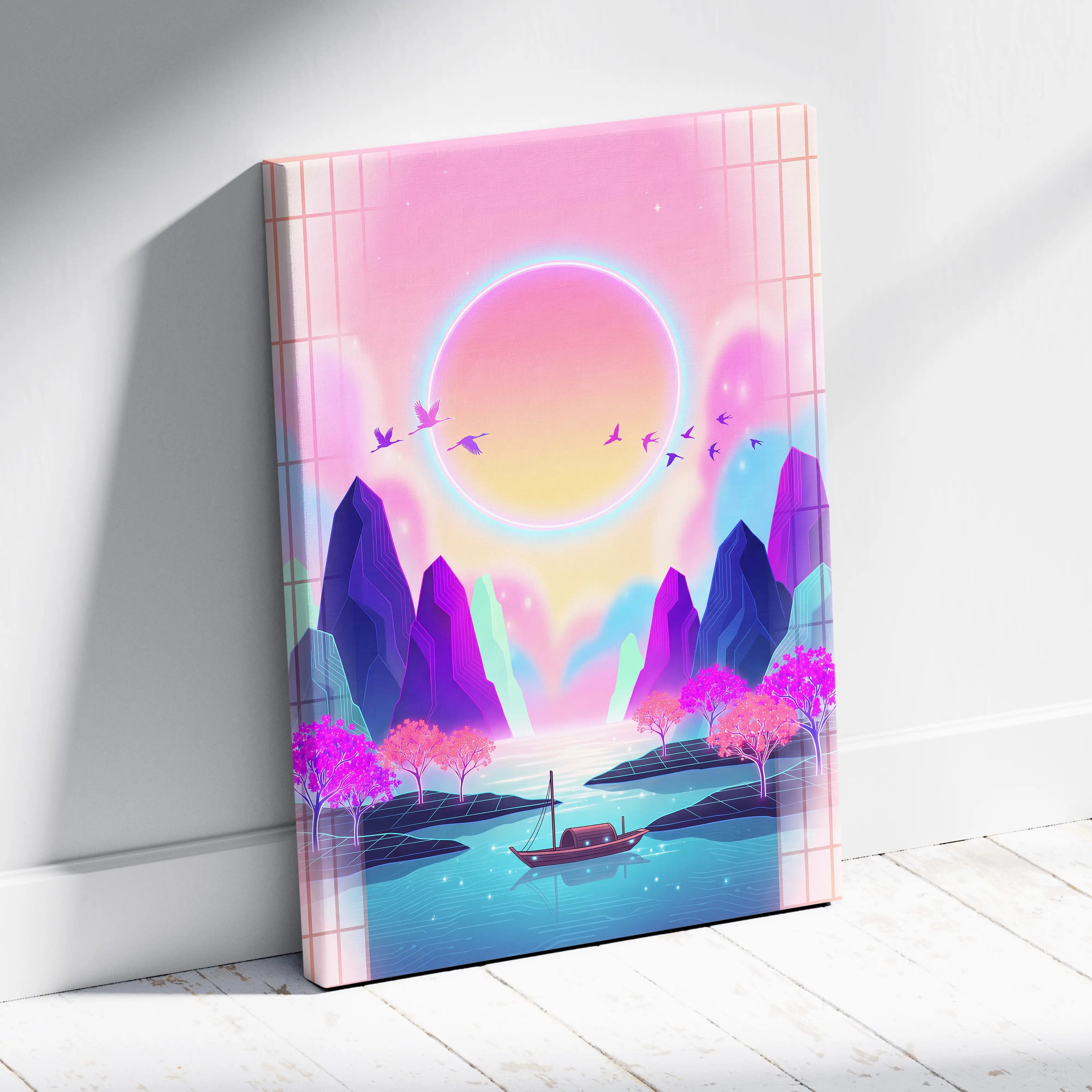 Neon Sakura Vista Canvas - Vaporwave Scene Pink Blue Living Room Neon Dreamy Nostalgic Retro Japanese Vaporwave Canvas