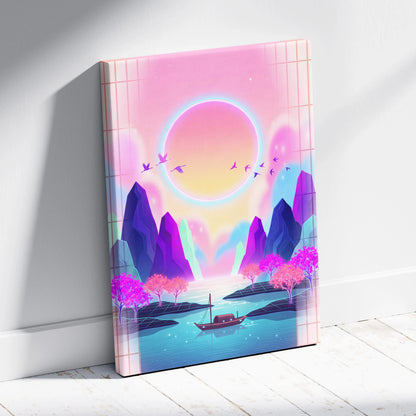Neon Sakura Vista Canvas - Vaporwave Scene Pink Blue Living Room Neon Dreamy Nostalgic Retro Japanese Vaporwave Canvas