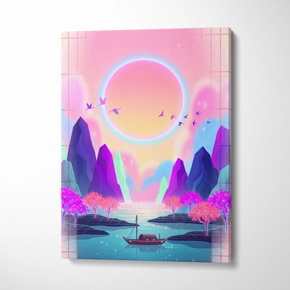 Neon Sakura Vista Canvas - Vaporwave Scene Pink Blue Living Room Neon Dreamy Nostalgic Retro Japanese Vaporwave Canvas