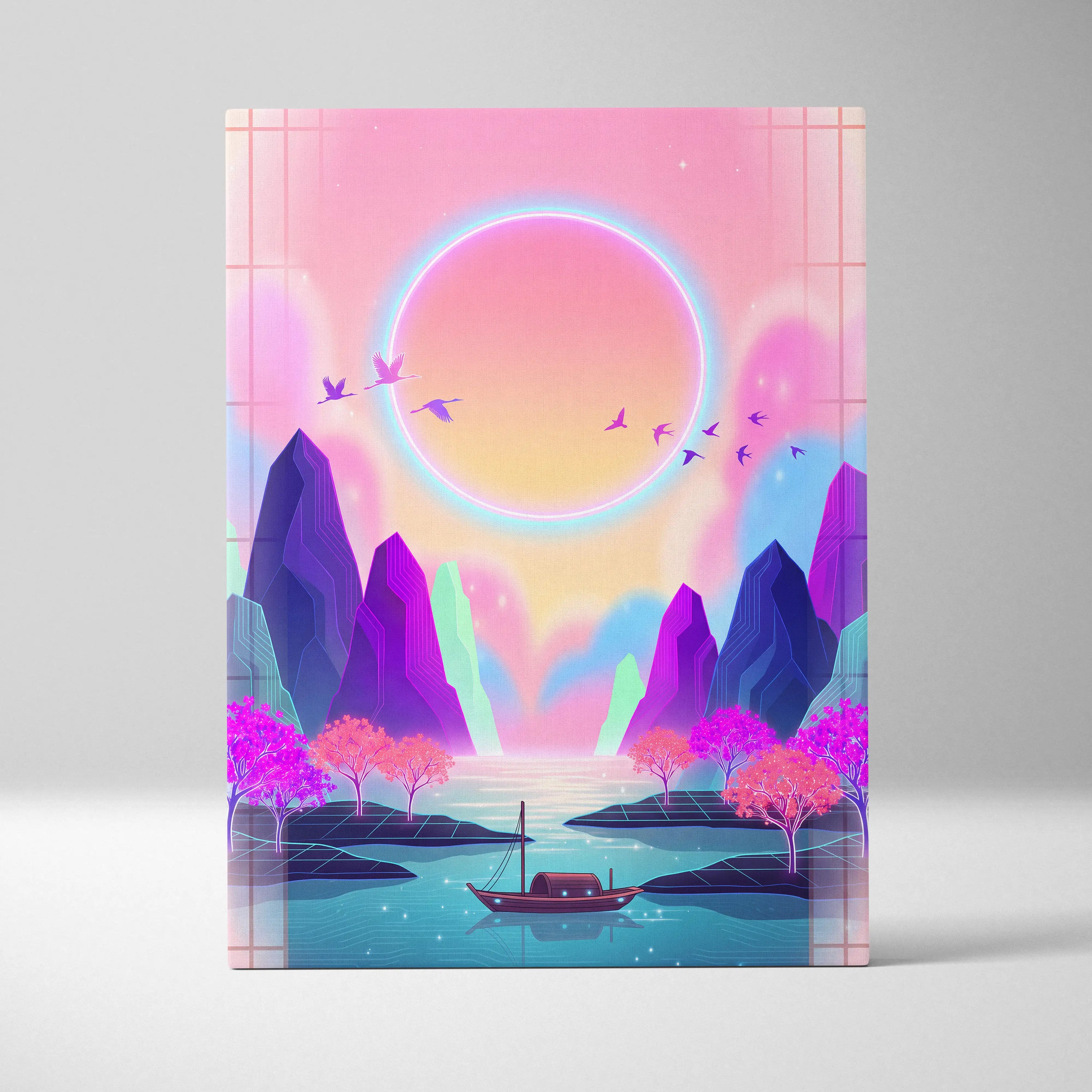 Neon Sakura Vista Canvas - Vaporwave Scene Pink Blue Living Room Neon Dreamy Nostalgic Retro Japanese Vaporwave Canvas