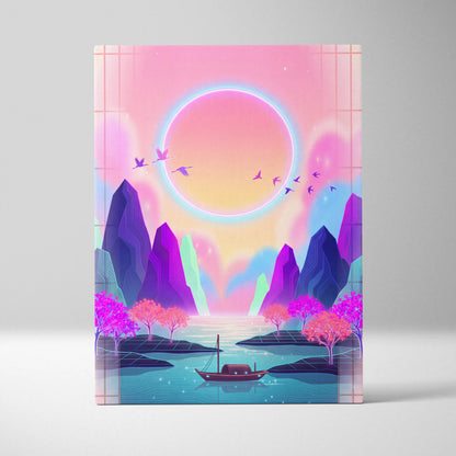 Neon Sakura Vista Canvas - Vaporwave Scene Pink Blue Living Room Neon Dreamy Nostalgic Retro Japanese Vaporwave Canvas