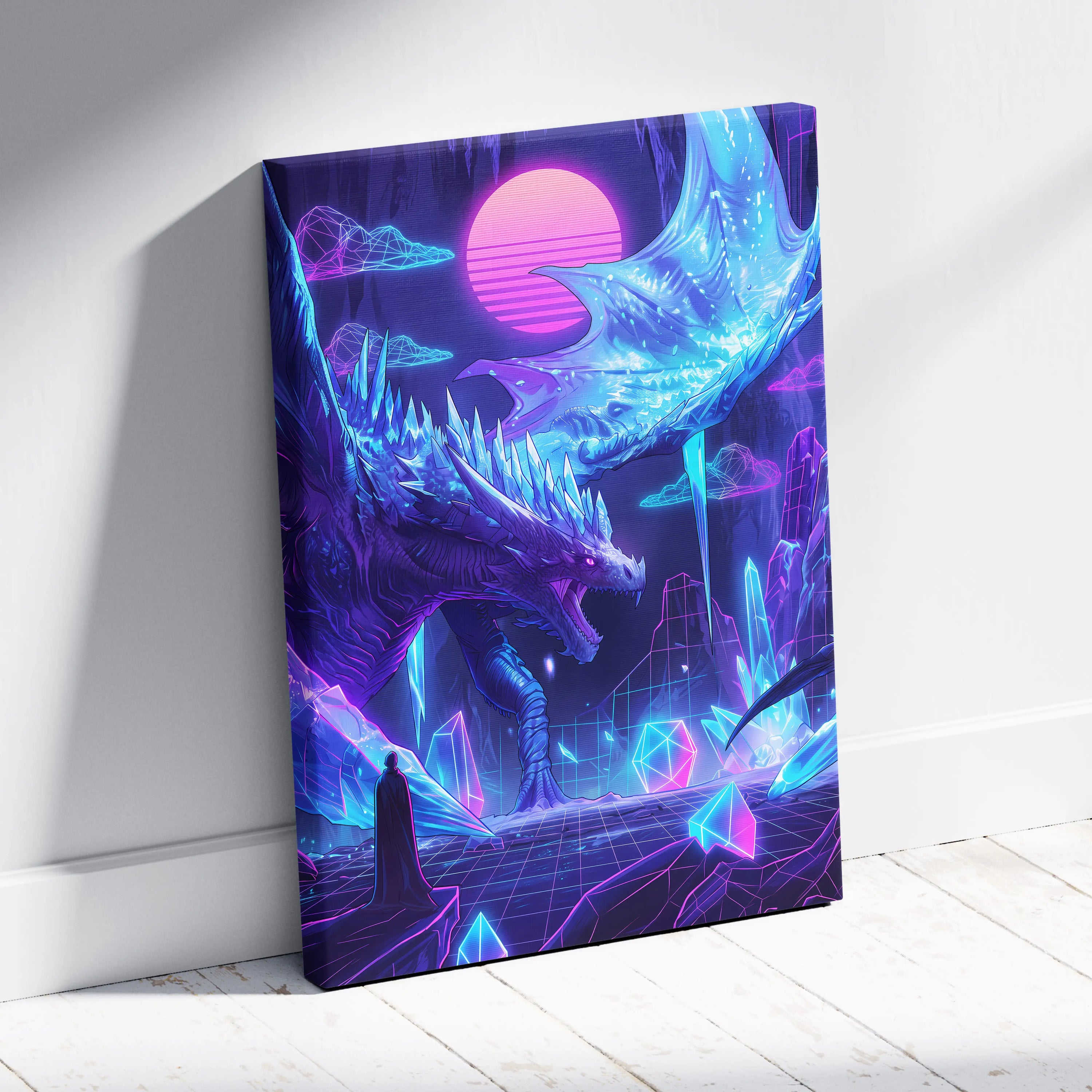 Dragon Neon Vaporwave Canvas - Dragon Neon Pink Blue Living Room Vaporwave Dreamy Neon Cyberpunk Wall Art Canvas Print