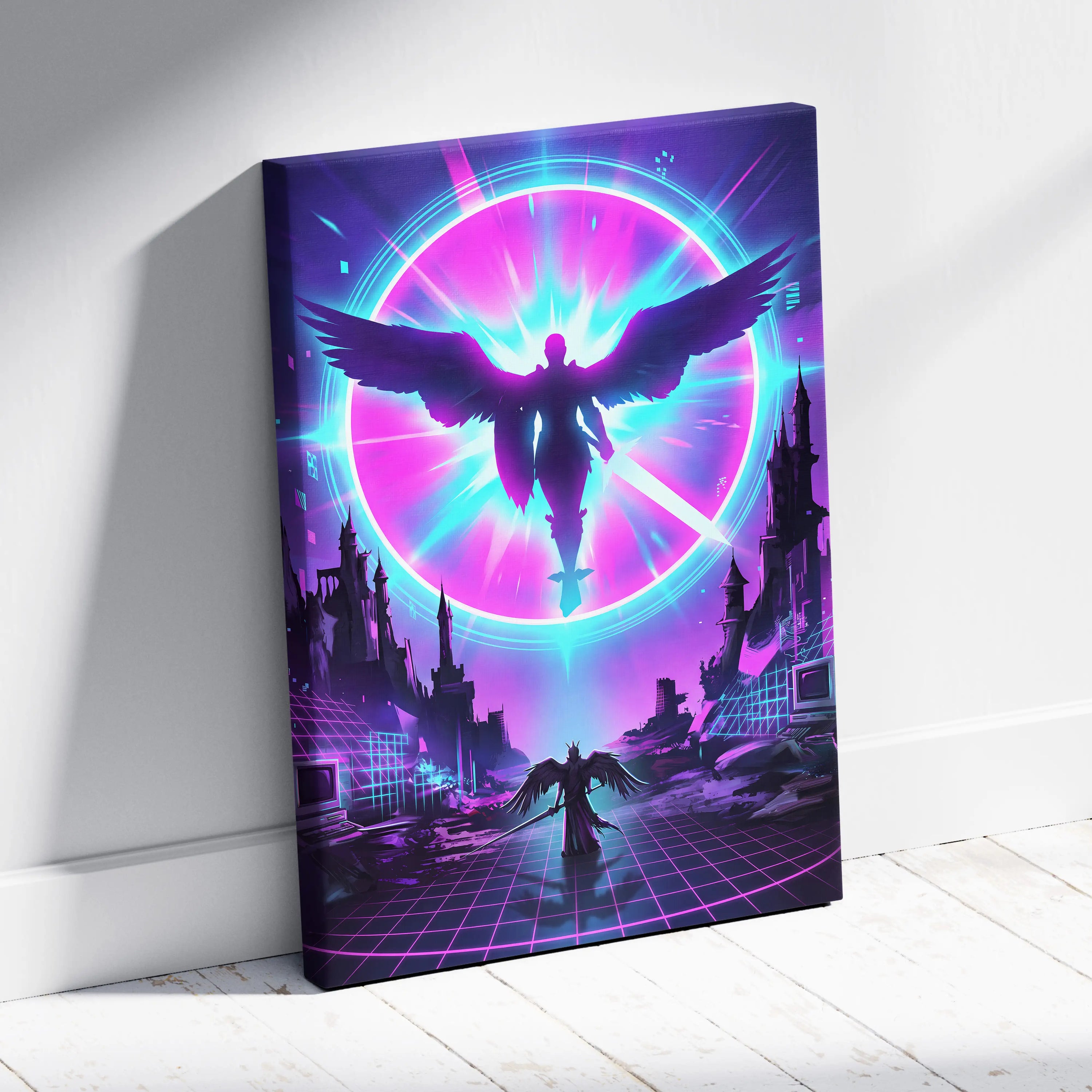 Neon Winged Odyssey Canvas - Winged Figure Neon Pink Blue Living Room Vaporwave Dreamy Mood Retro Futurism Canvas Print