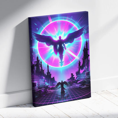 Neon Winged Odyssey Canvas - Winged Figure Neon Pink Blue Living Room Vaporwave Dreamy Mood Retro Futurism Canvas Print