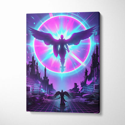 Neon Winged Odyssey Canvas - Winged Figure Neon Pink Blue Living Room Vaporwave Dreamy Mood Retro Futurism Canvas Print