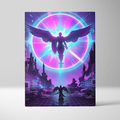 Neon Winged Odyssey Canvas - Winged Figure Neon Pink Blue Living Room Vaporwave Dreamy Mood Retro Futurism Canvas Print