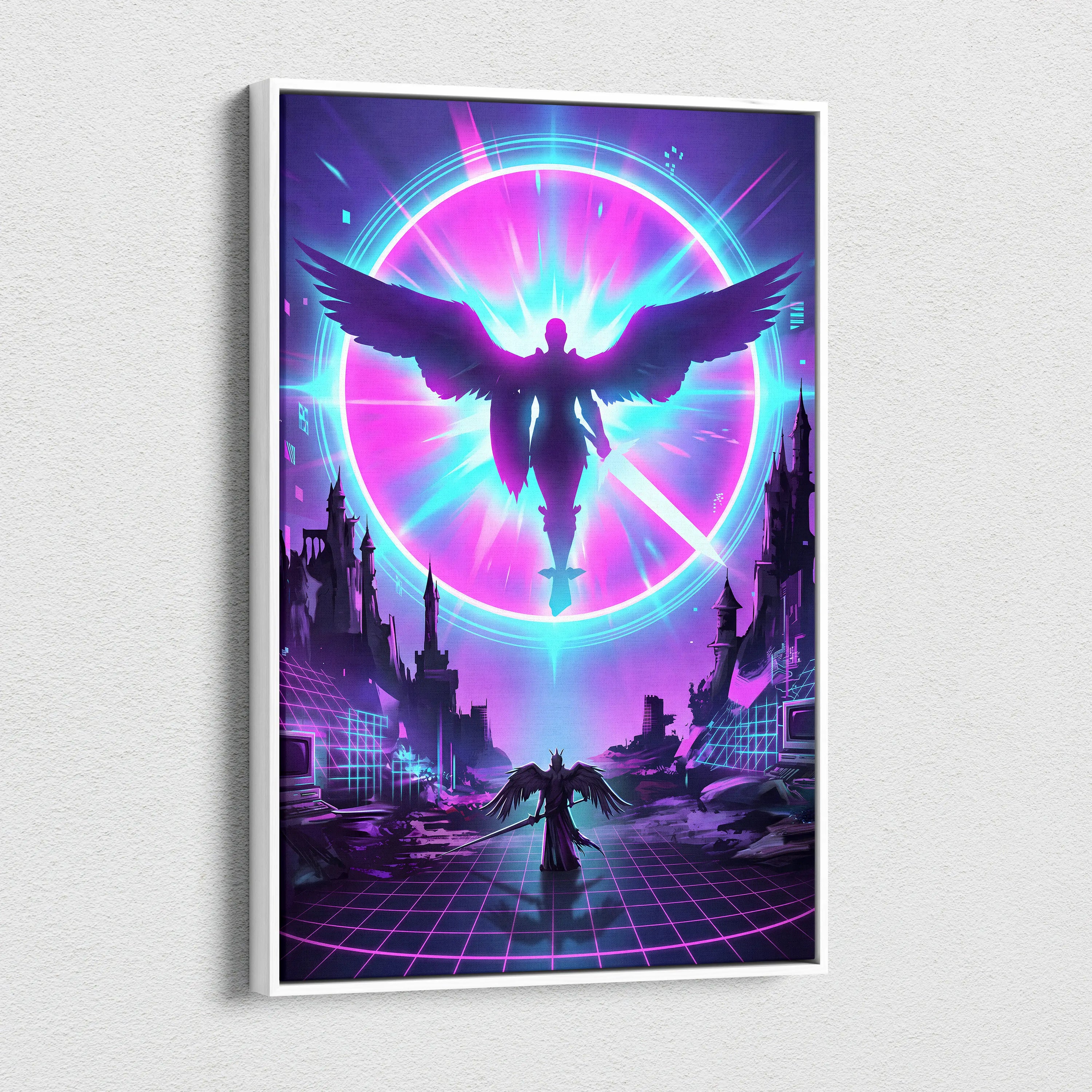 Neon Winged Odyssey Canvas - Winged Figure Neon Pink Blue Living Room Vaporwave Dreamy Mood Retro Futurism Canvas Print