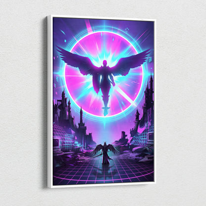 Neon Winged Odyssey Canvas - Winged Figure Neon Pink Blue Living Room Vaporwave Dreamy Mood Retro Futurism Canvas Print