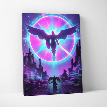 Neon Winged Odyssey Canvas - Winged Figure Neon Pink Blue Living Room Vaporwave Dreamy Mood Retro Futurism Canvas Print