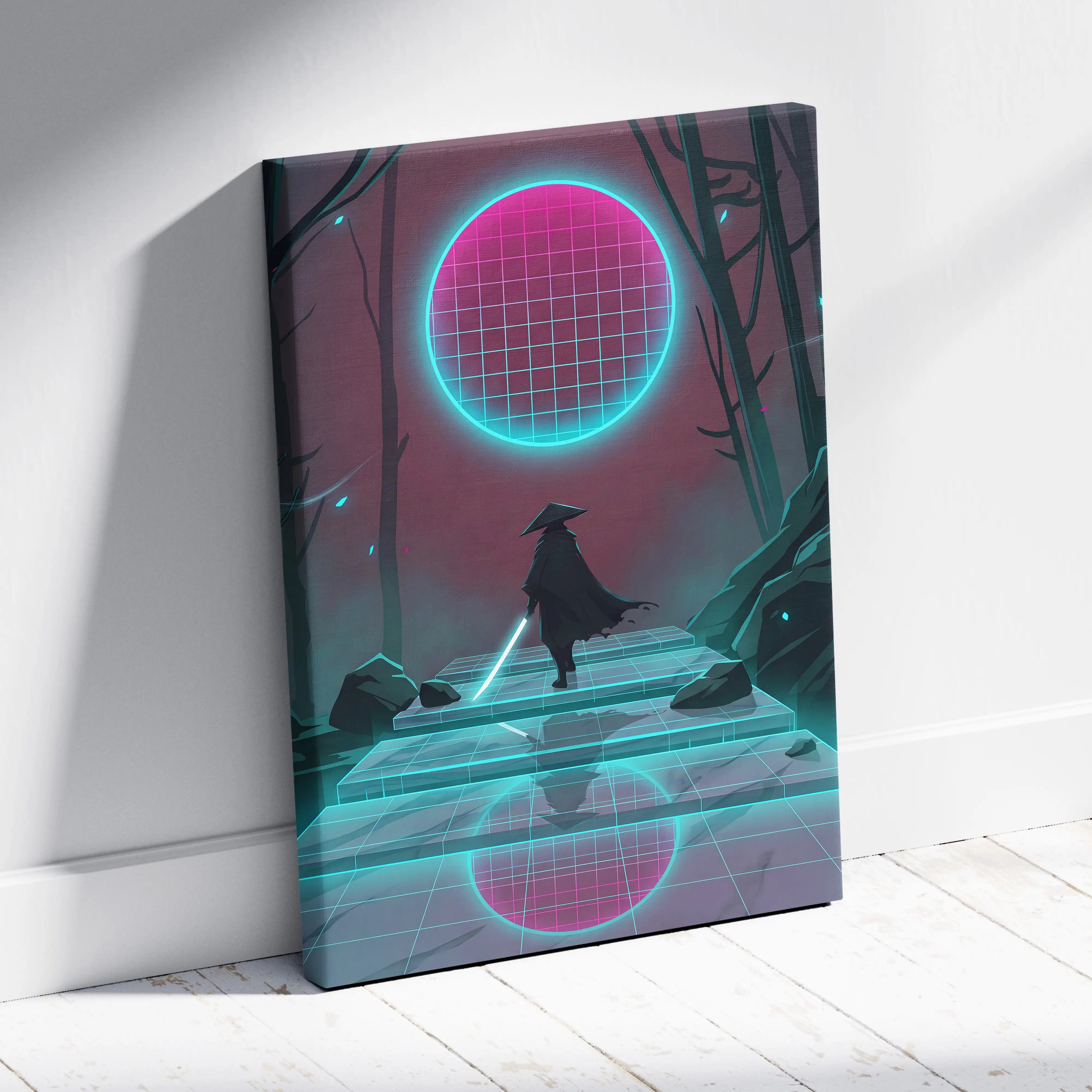 Vaporwave Neon Grid Canvas - Vaporwave Pink Cyan Living Room Retro Futurism Dreamlike Moody Synthwave Wall Art Canvas