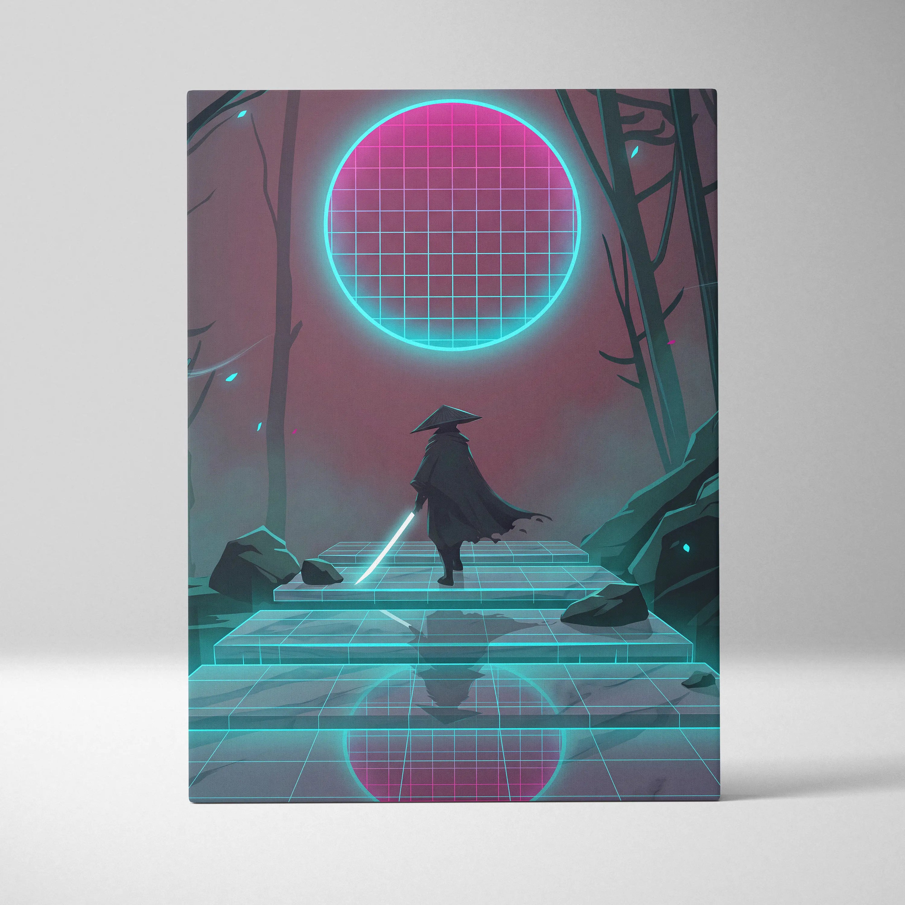 Vaporwave Neon Grid Canvas - Vaporwave Pink Cyan Living Room Retro Futurism Dreamlike Moody Synthwave Wall Art Canvas