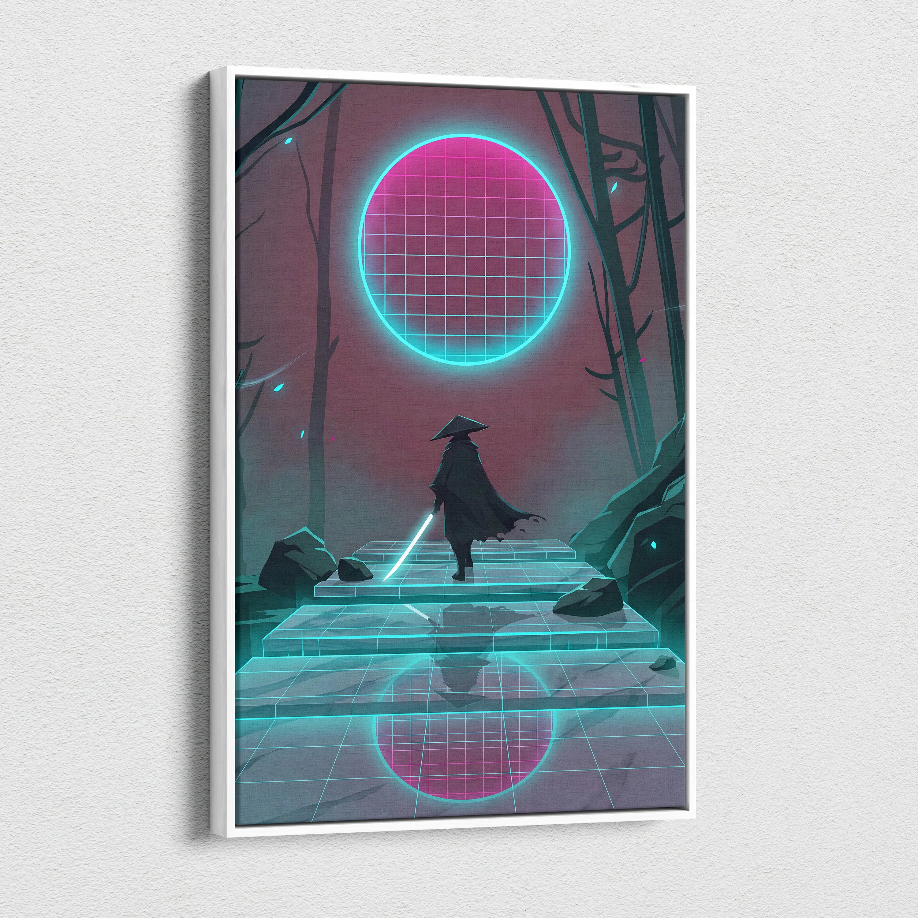 Vaporwave Neon Grid Canvas - Vaporwave Pink Cyan Living Room Retro Futurism Dreamlike Moody Synthwave Wall Art Canvas