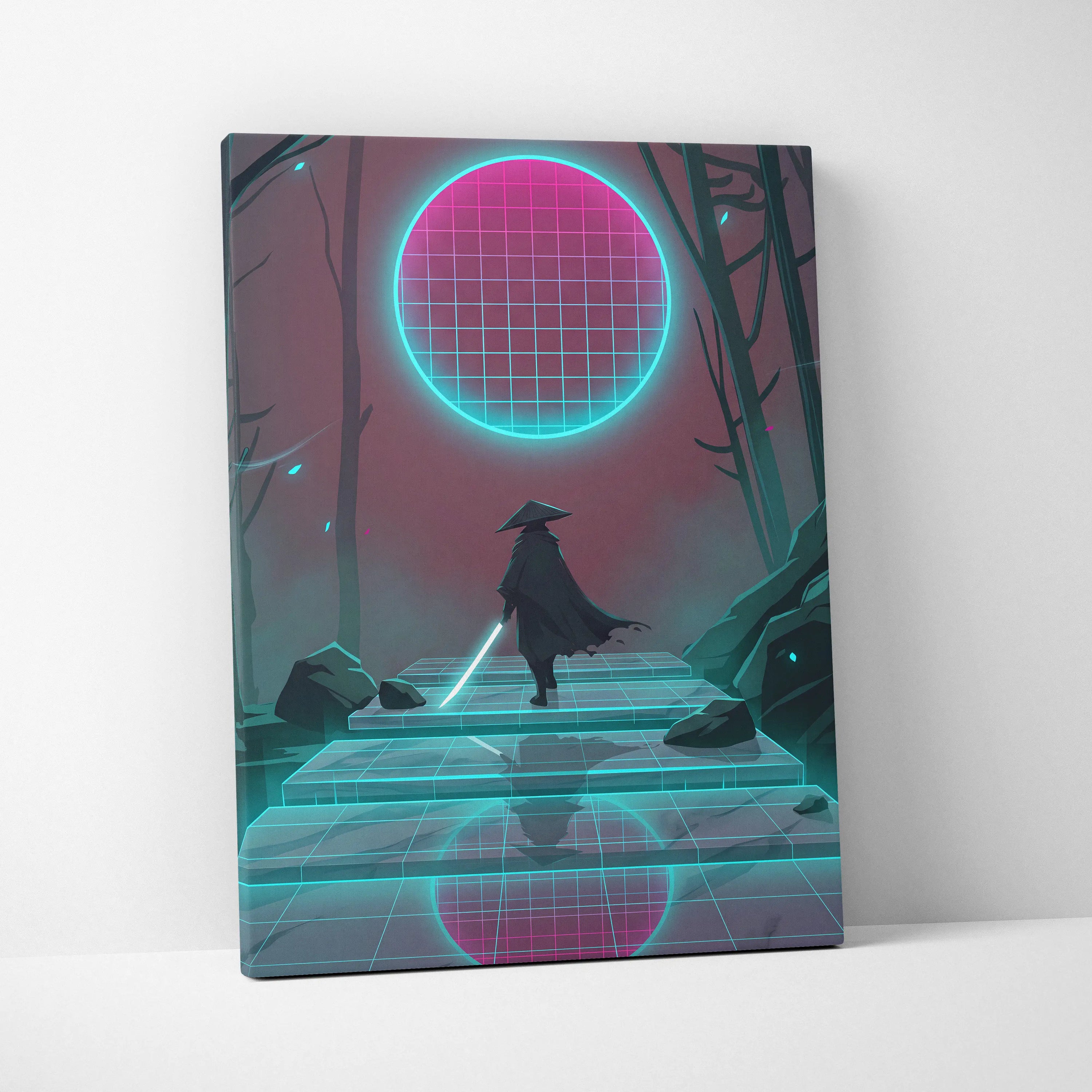 Vaporwave Neon Grid Canvas - Vaporwave Pink Cyan Living Room Retro Futurism Dreamlike Moody Synthwave Wall Art Canvas