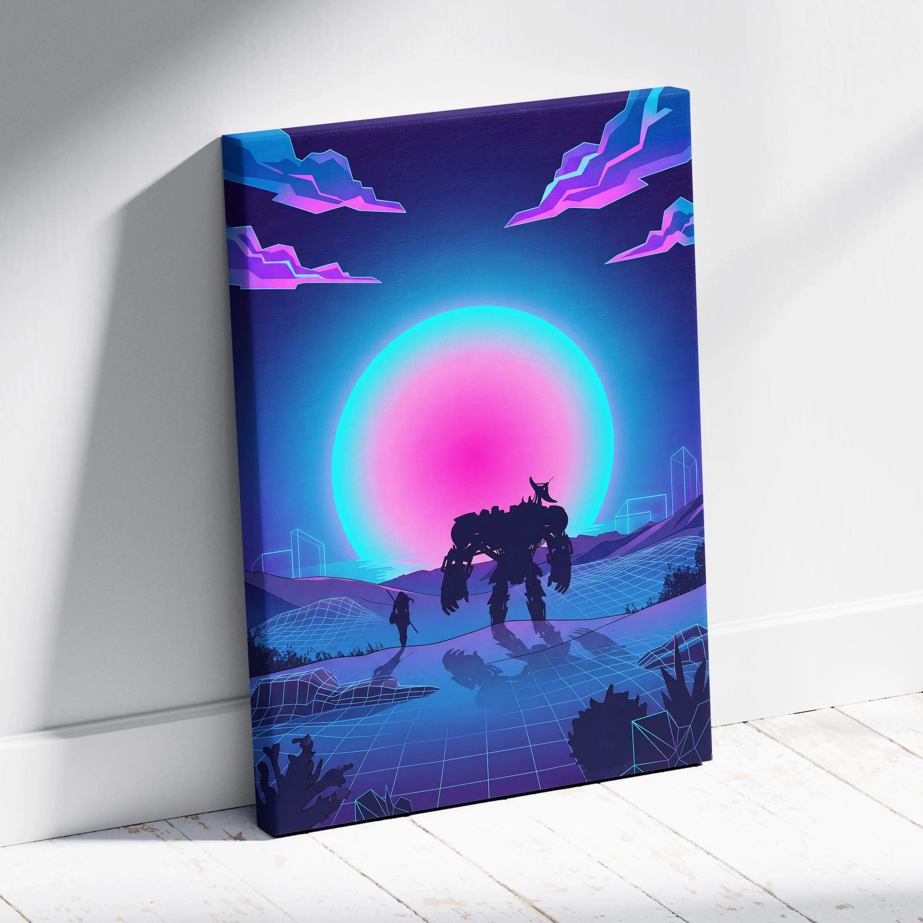 Neon Vaporwave Sunset Canvas - Vaporwave Landscape Neon Pink Living Room Futurism Dreamy Nostalgic Modern Decor Canvas