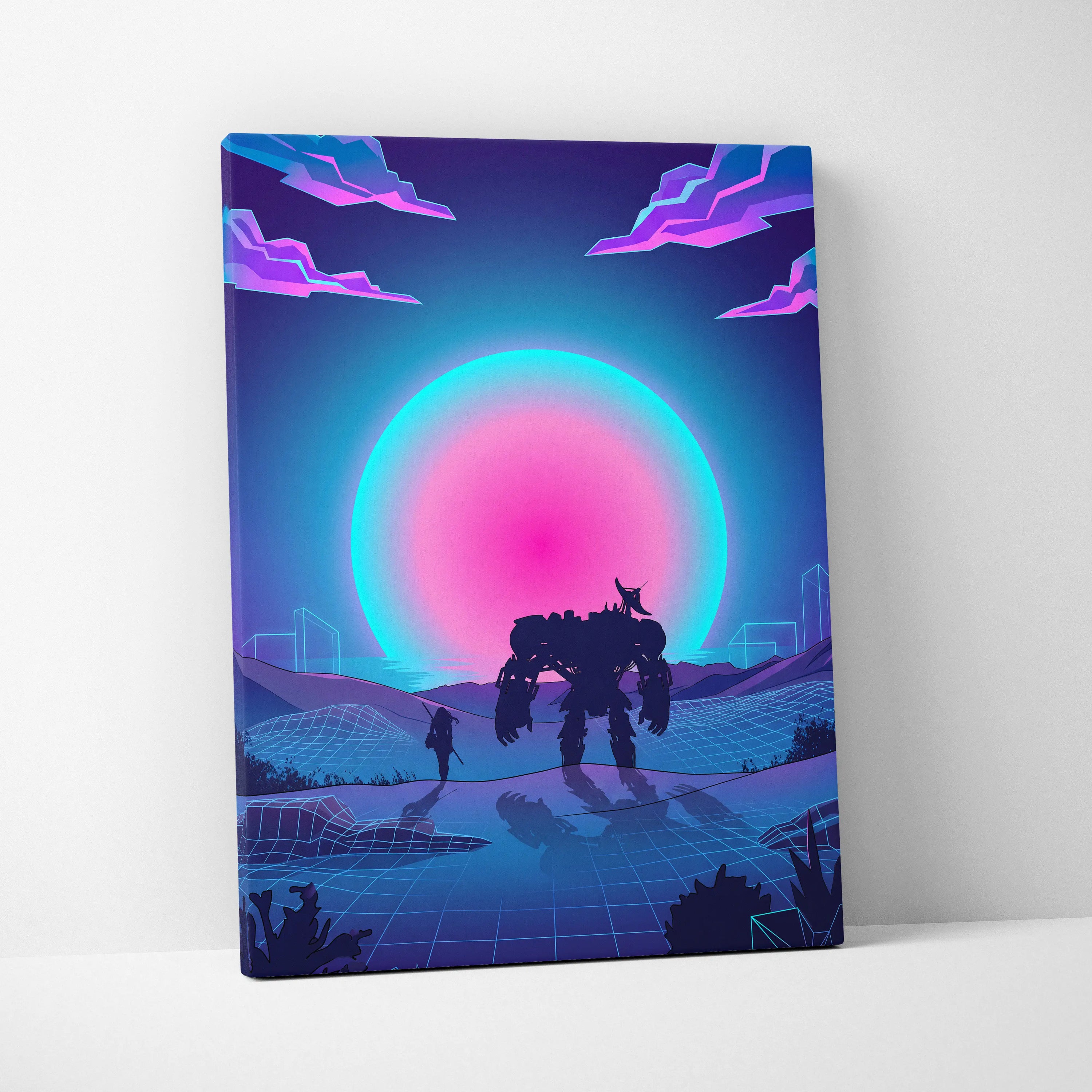 Neon Vaporwave Sunset Canvas - Vaporwave Landscape Neon Pink Living Room Futurism Dreamy Nostalgic Modern Decor Canvas