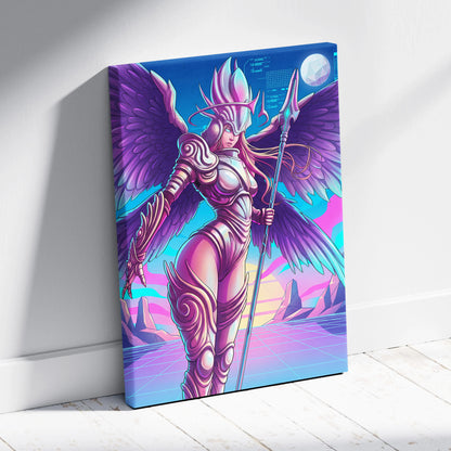Neon Winged Warrior Canvas - Winged Warrior Neon Purple Pink Blue Living Room Vaporwave Mystical Mood Print Canvas