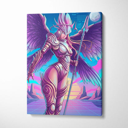 Neon Winged Warrior Canvas - Winged Warrior Neon Purple Pink Blue Living Room Vaporwave Mystical Mood Print Canvas