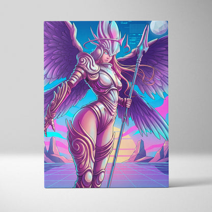 Neon Winged Warrior Canvas - Winged Warrior Neon Purple Pink Blue Living Room Vaporwave Mystical Mood Print Canvas
