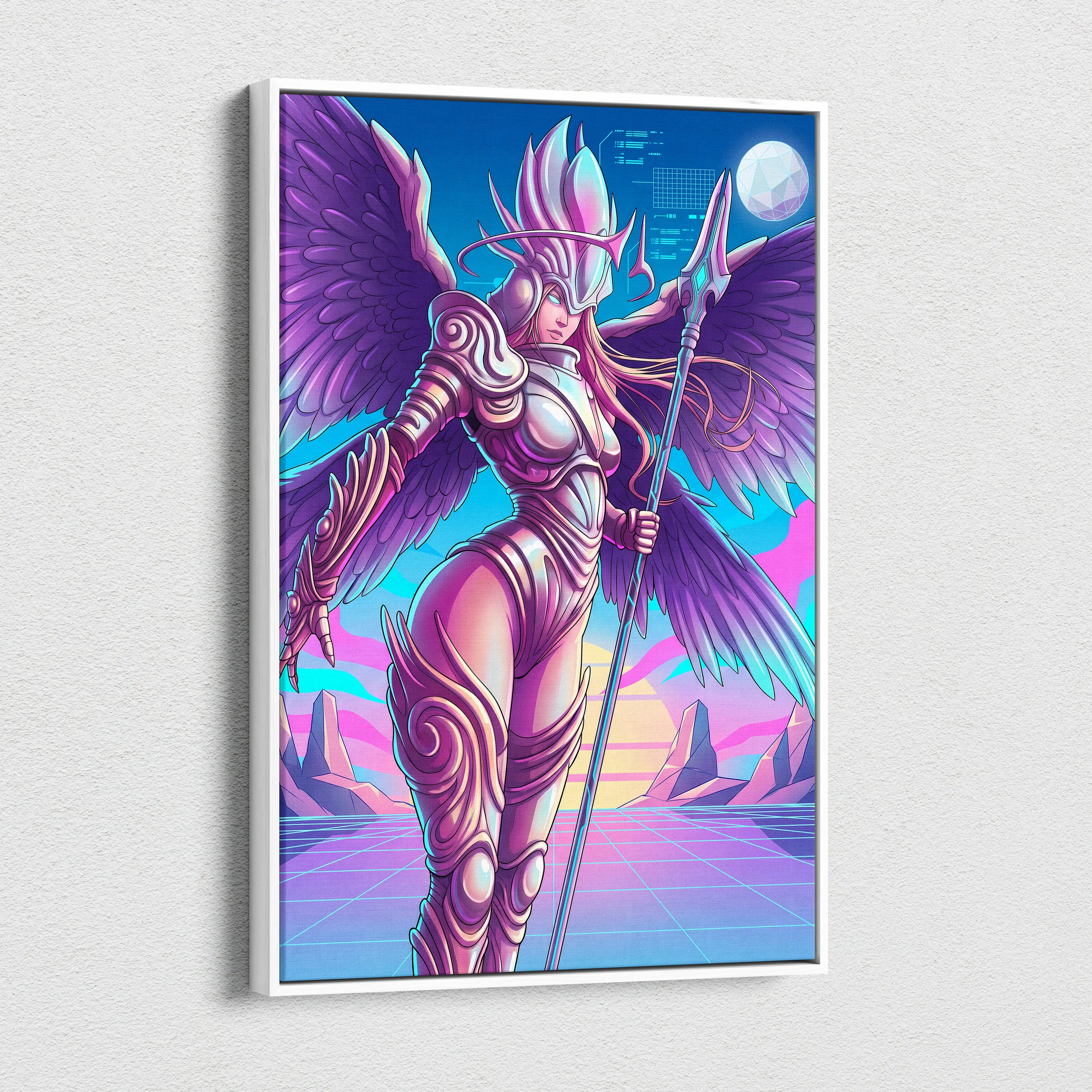 Neon Winged Warrior Canvas - Winged Warrior Neon Purple Pink Blue Living Room Vaporwave Mystical Mood Print Canvas