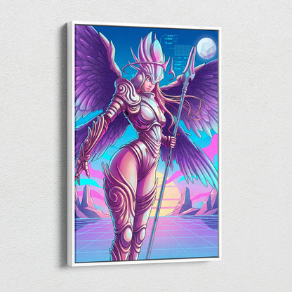 Neon Winged Warrior Canvas - Winged Warrior Neon Purple Pink Blue Living Room Vaporwave Mystical Mood Print Canvas