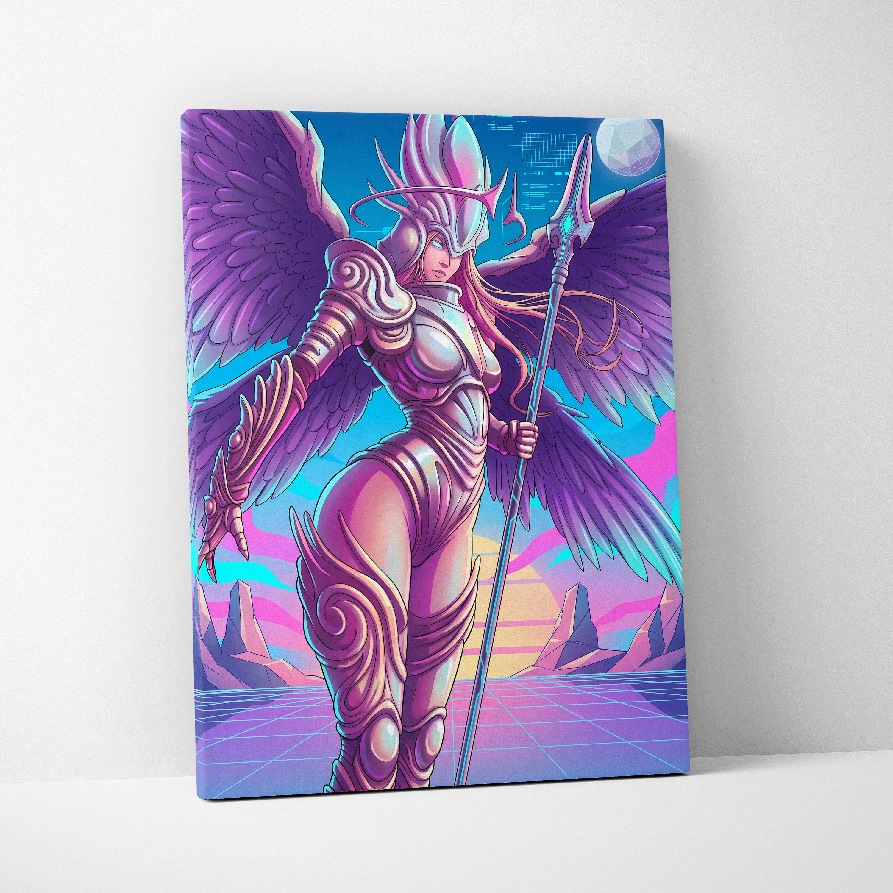 Neon Winged Warrior Canvas - Winged Warrior Neon Purple Pink Blue Living Room Vaporwave Mystical Mood Print Canvas