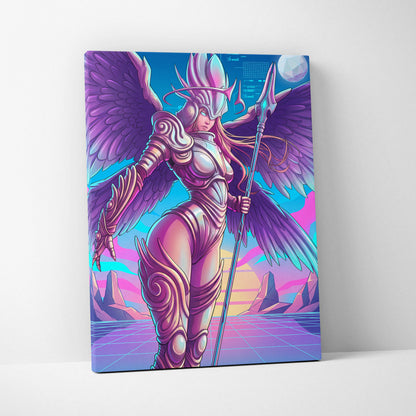 Neon Winged Warrior Canvas - Winged Warrior Neon Purple Pink Blue Living Room Vaporwave Mystical Mood Print Canvas