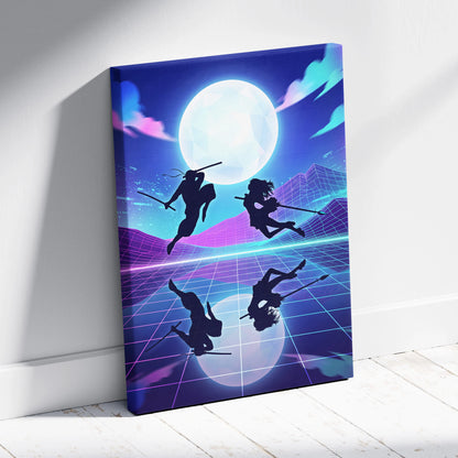 Vaporwave Moonlit Neon Dream - Moon Scene Neon Blue Purple Living Room Retro Dreamy Mood Neon Wall Art Canvas Print