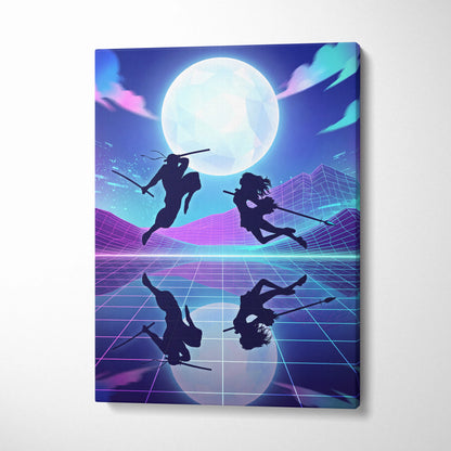 Vaporwave Moonlit Neon Dream - Moon Scene Neon Blue Purple Living Room Retro Dreamy Mood Neon Wall Art Canvas Print