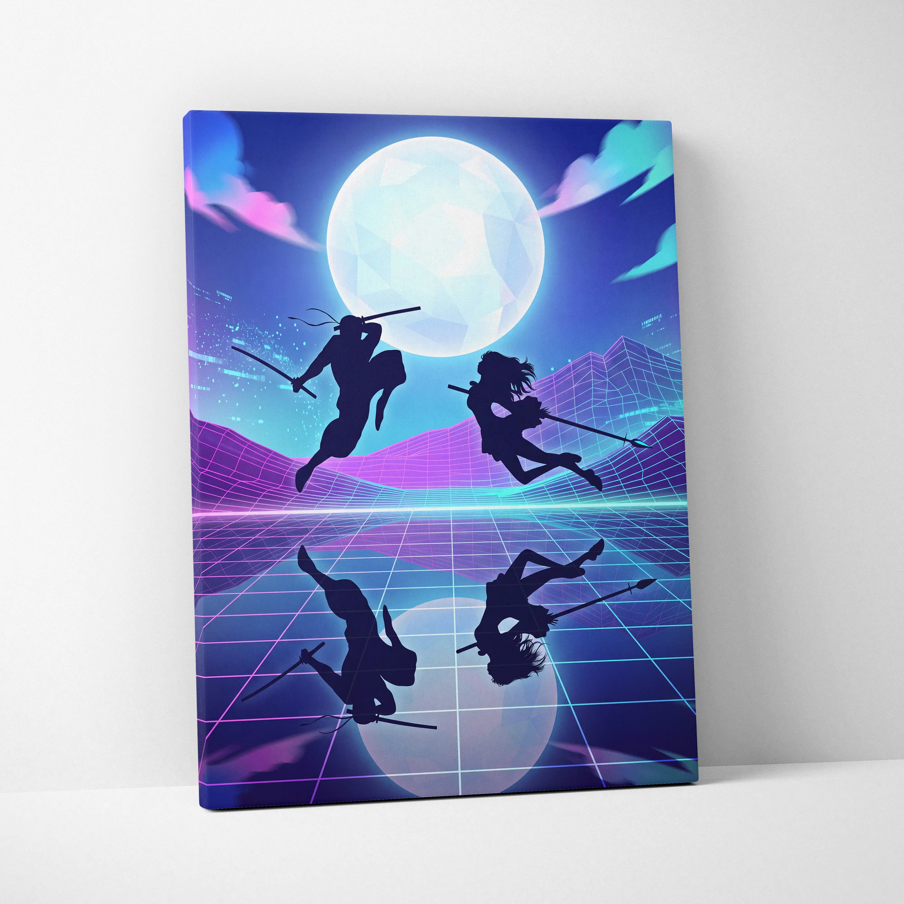 Vaporwave Moonlit Neon Dream - Moon Scene Neon Blue Purple Living Room Retro Dreamy Mood Neon Wall Art Canvas Print