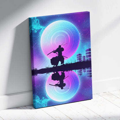 Vaporwave Neon Sphere Canvas - Silhouette Woman Pink Blue Living Room Vaporwave Dreamy Nostalgic Mood Wall Art Canvas