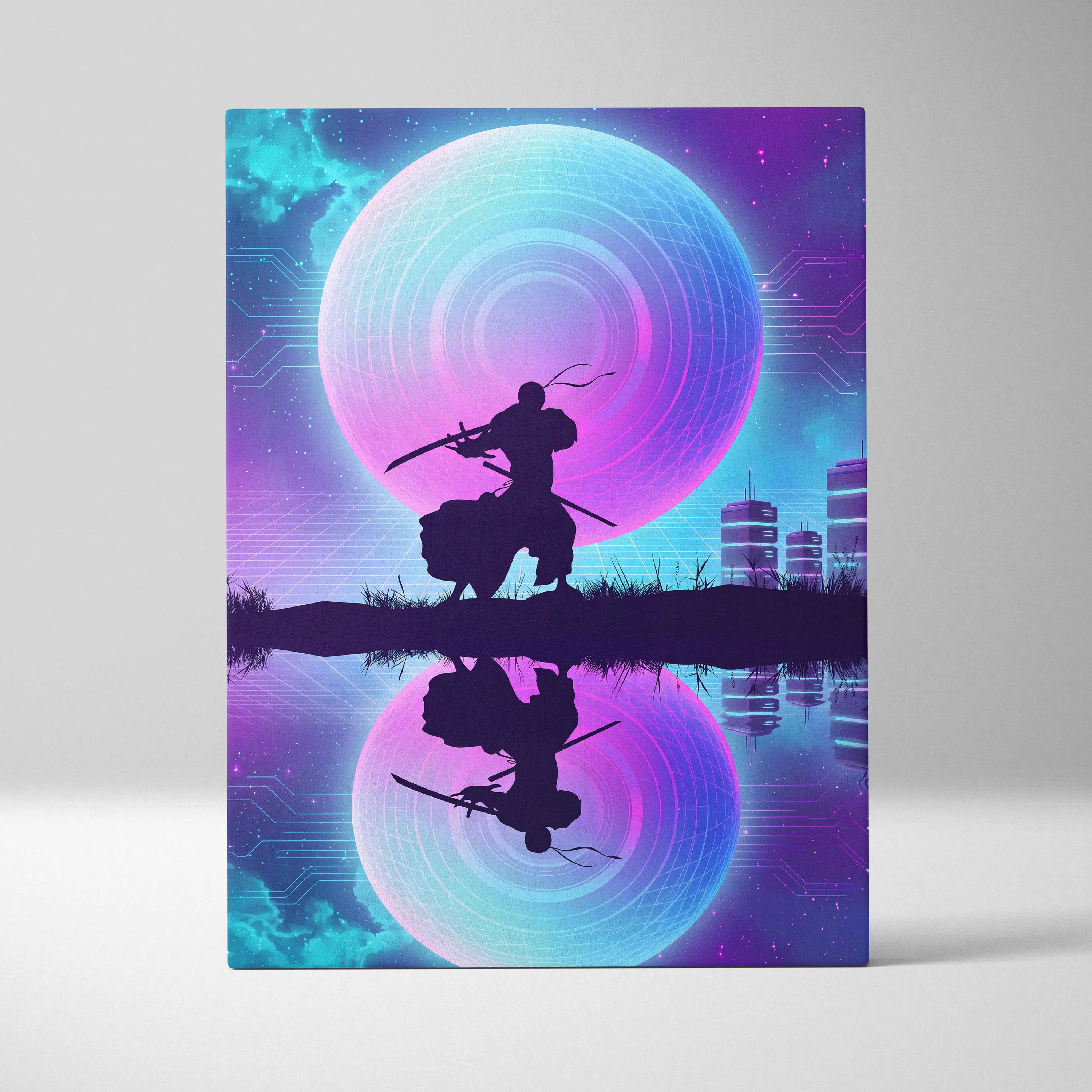 Vaporwave Neon Sphere Canvas - Silhouette Woman Pink Blue Living Room Vaporwave Dreamy Nostalgic Mood Wall Art Canvas