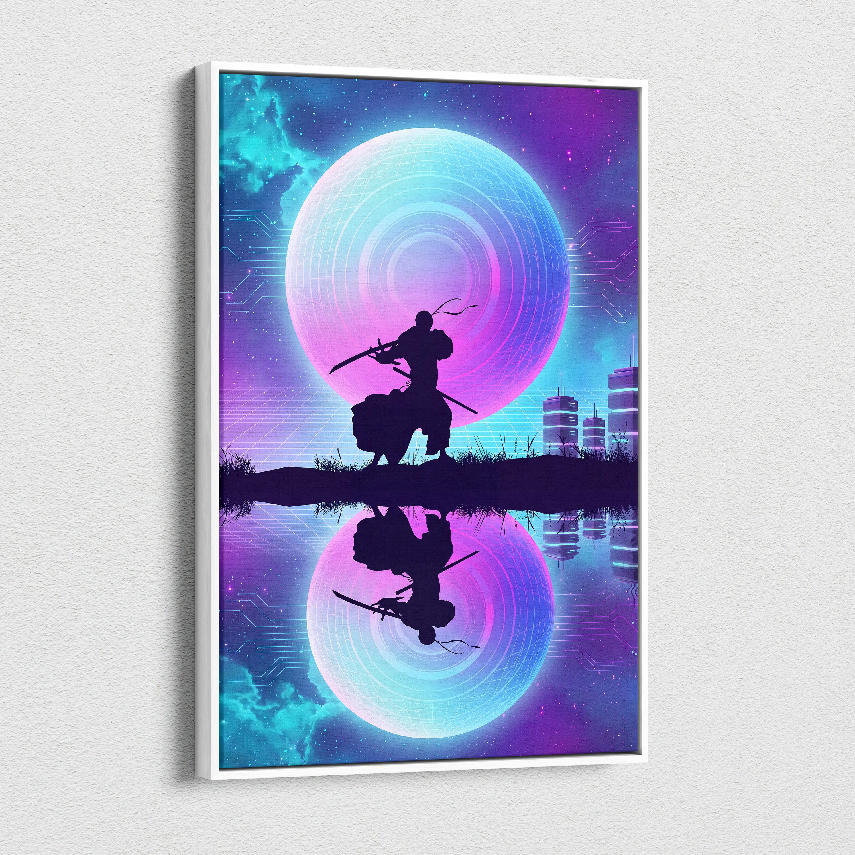 Vaporwave Neon Sphere Canvas - Silhouette Woman Pink Blue Living Room Vaporwave Dreamy Nostalgic Mood Wall Art Canvas
