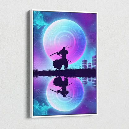 Vaporwave Neon Sphere Canvas - Silhouette Woman Pink Blue Living Room Vaporwave Dreamy Nostalgic Mood Wall Art Canvas