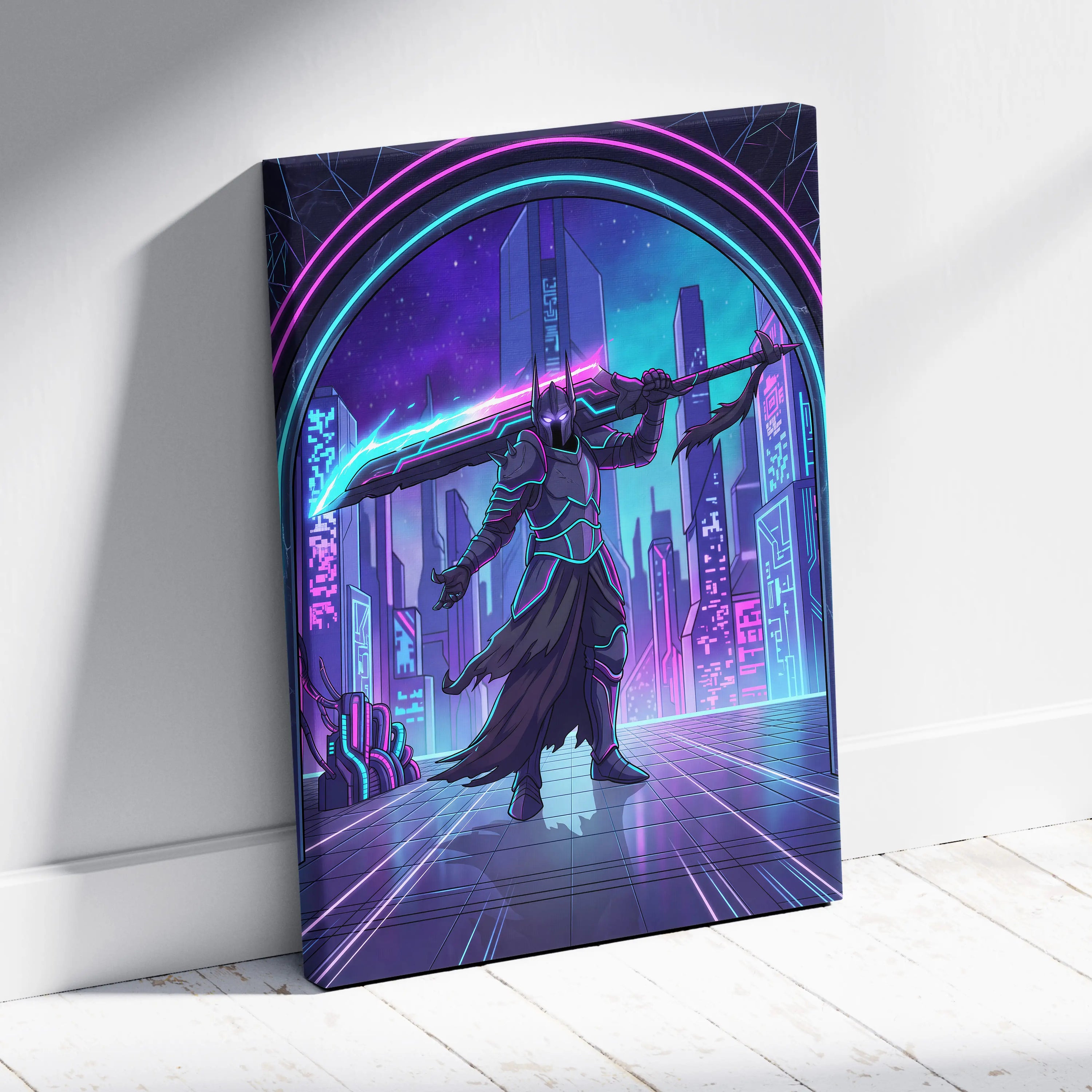Vaporwave Neon Warrior Canvas - Cyberpunk Warrior Neon Pink Blue Living Room Vaporwave Canvas Art