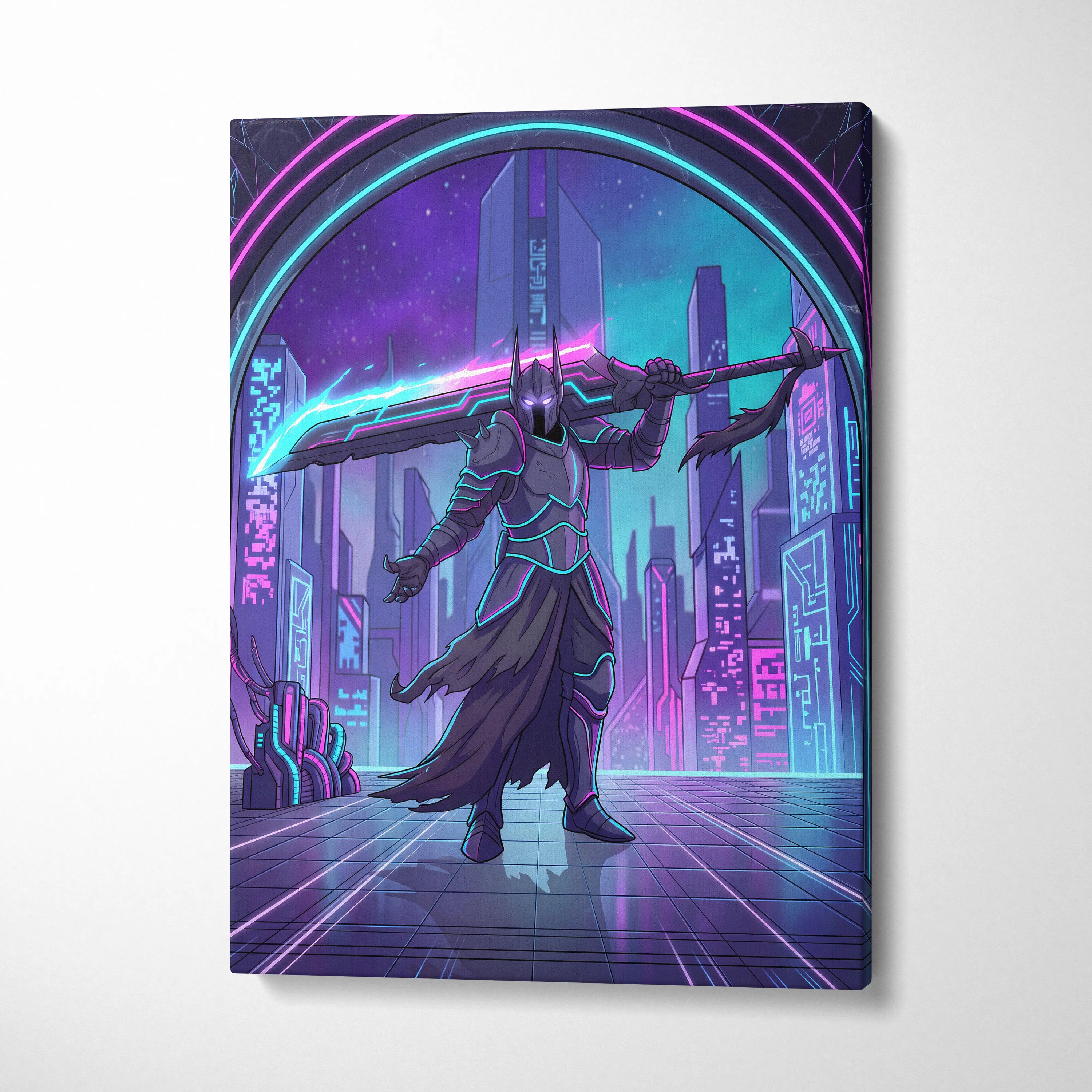Vaporwave Neon Warrior Canvas - Cyberpunk Warrior Neon Pink Blue Living Room Vaporwave Canvas Art